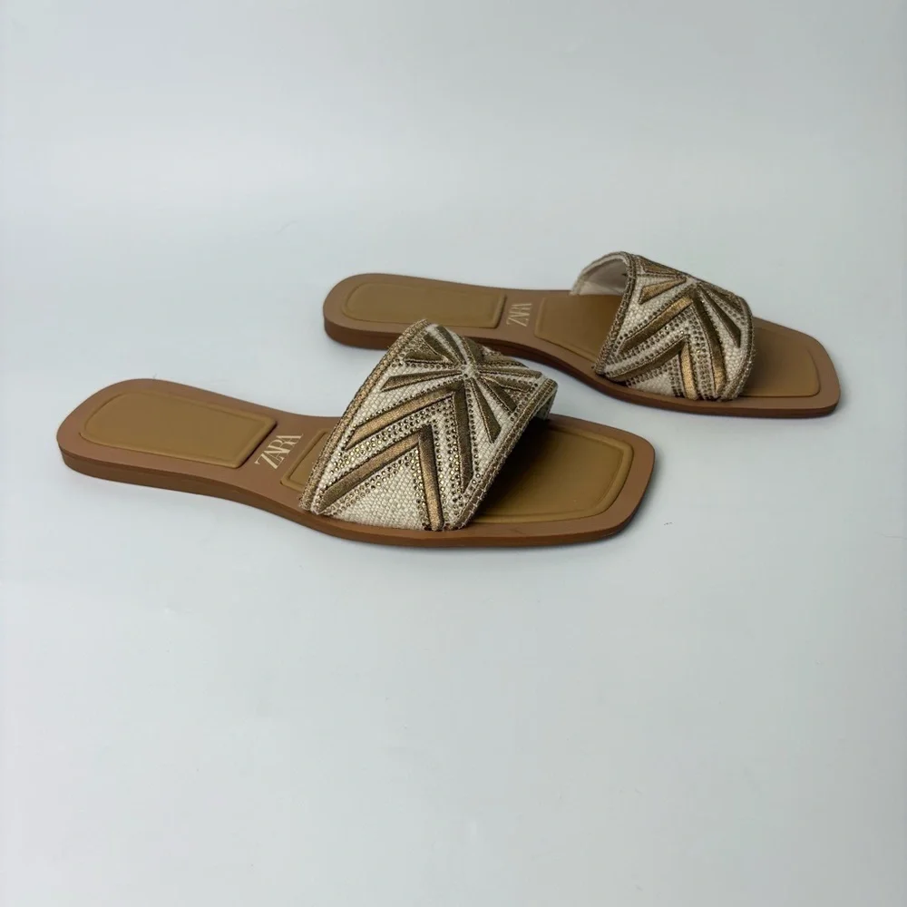 Zara Women’s Rhinestone Fabric Embroidered Sandals